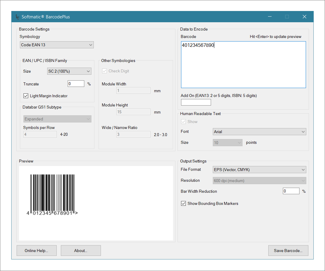Screenshot of Softmatic Barcode Software creating EAN 13 barcode